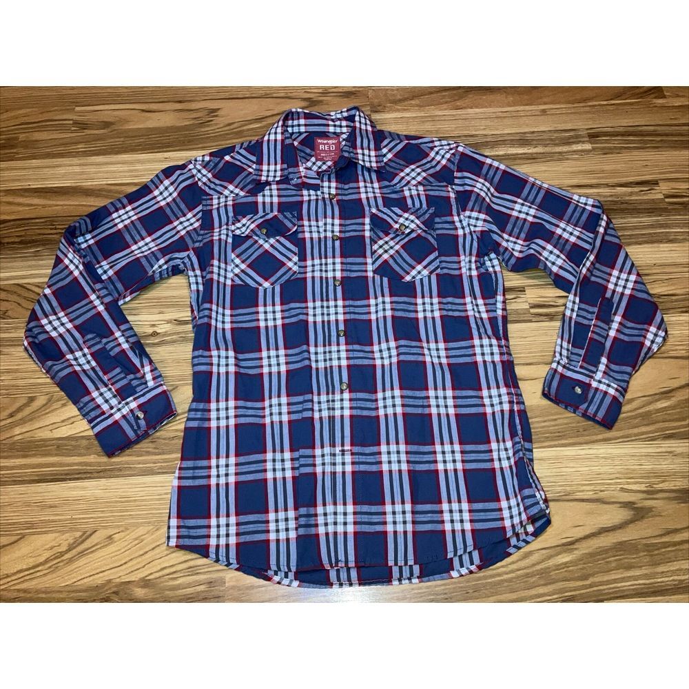 Wrangler Men's Flannel Long Sleeve Pearl Snap Shirt Sz M Red Blue White